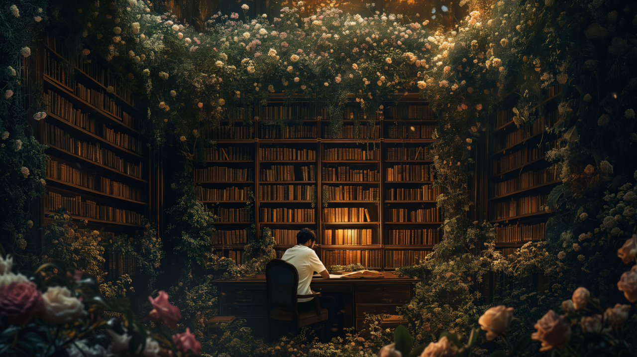 a man studying alone at midnight in an old library